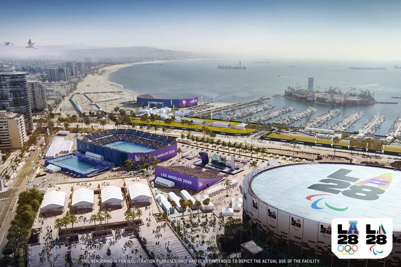 A cluster of venues in Long Beach would host swimming, climbing and blind football under LA28's Paralympics venue plan, as depicted in this rendering.
